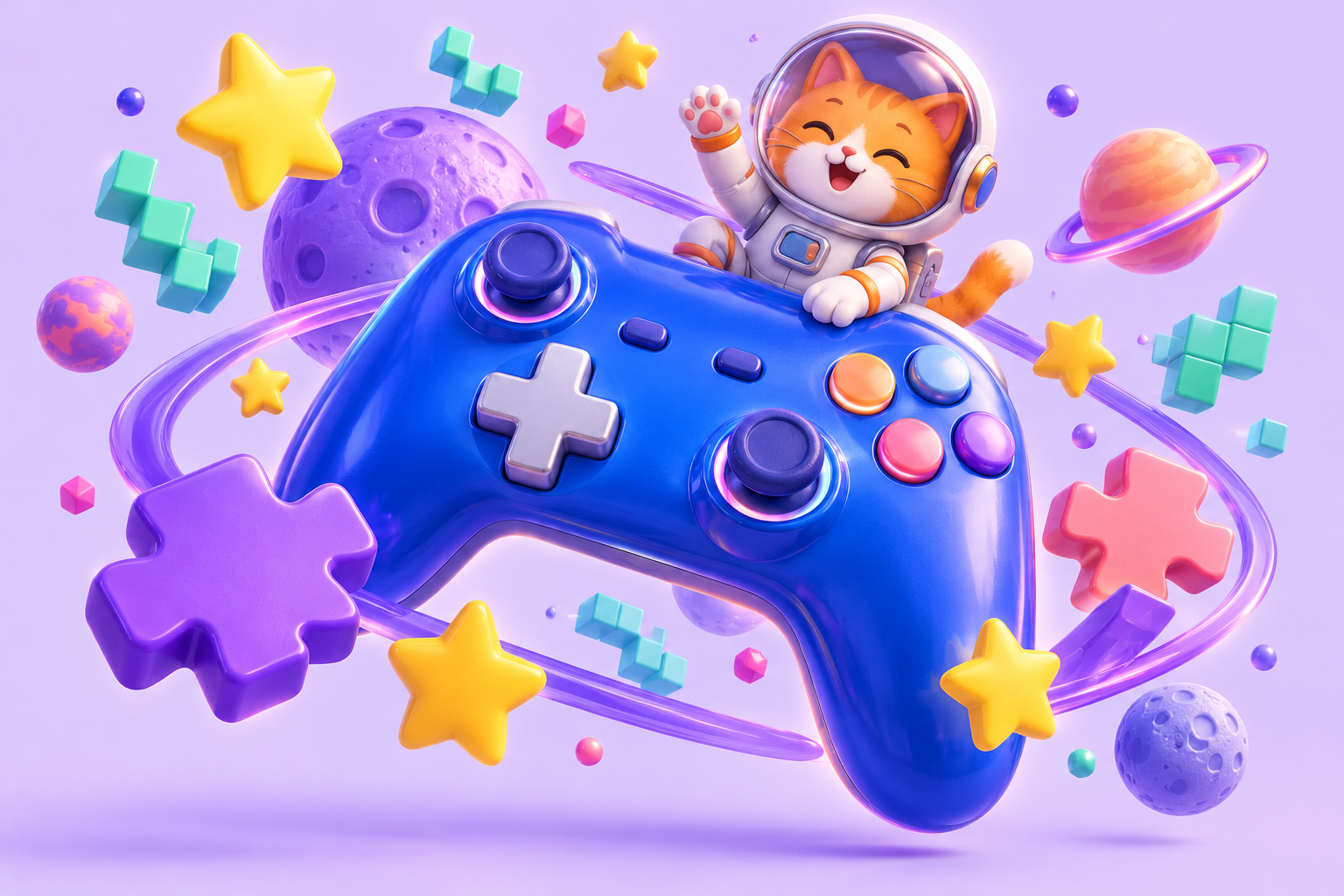 宇宙服のねことゲームコントローラー