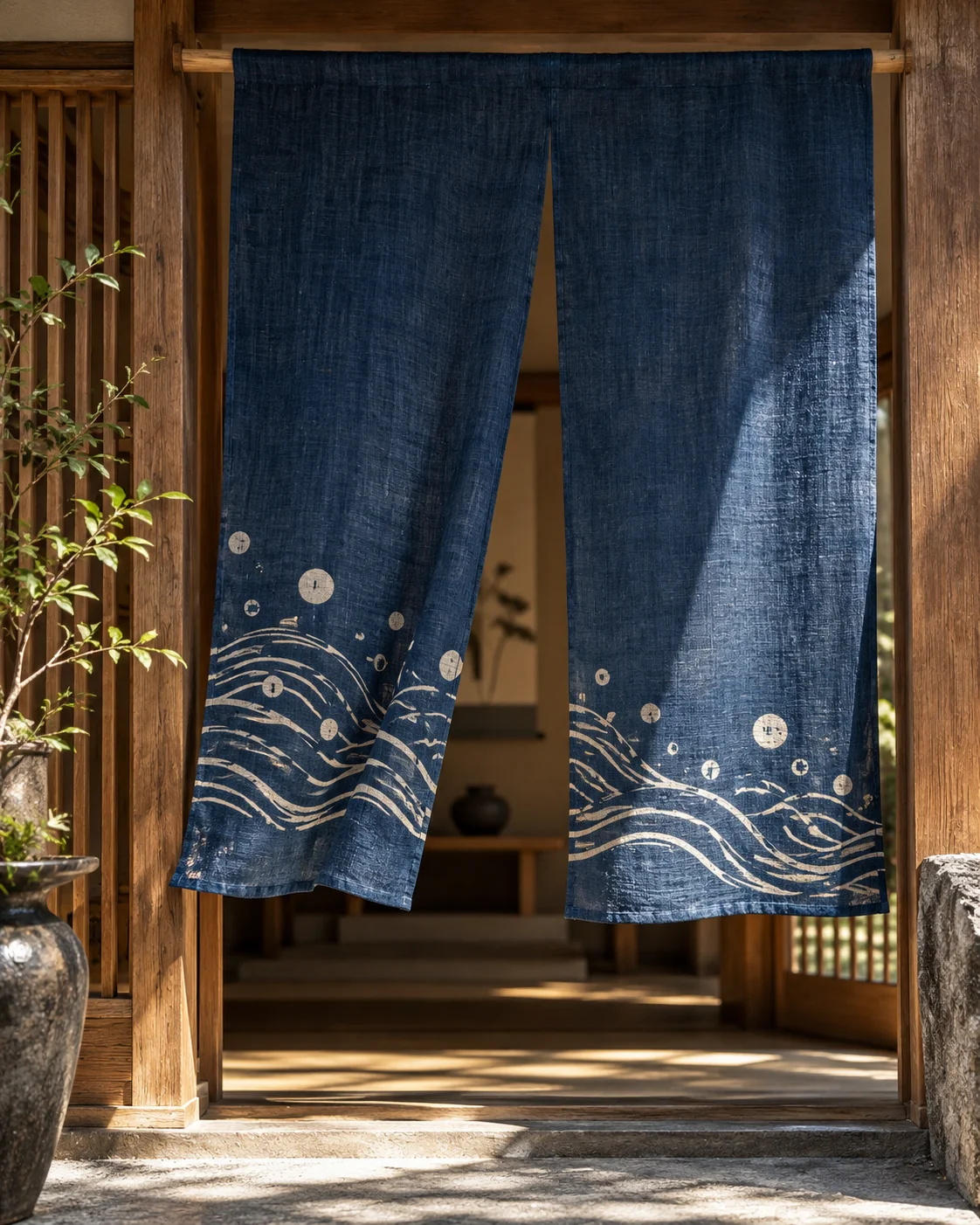 藍染のれんのしつらえ。提案用の生成イメージ